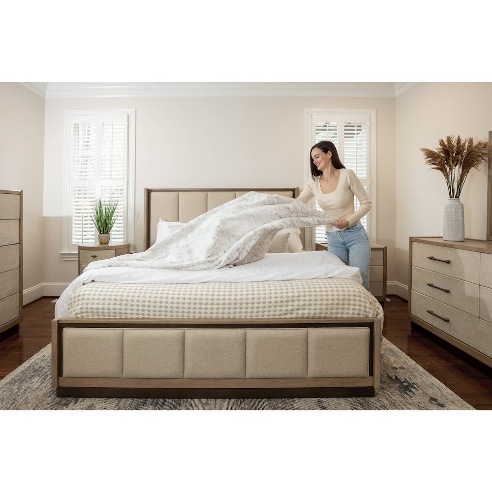 Rio Vista Upholsteredolstered King Bed. Muted Earth Tones and Clay Finish