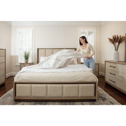 Rio Vista Upholsteredolstered King Bed. Muted Earth Tones and Clay Finish