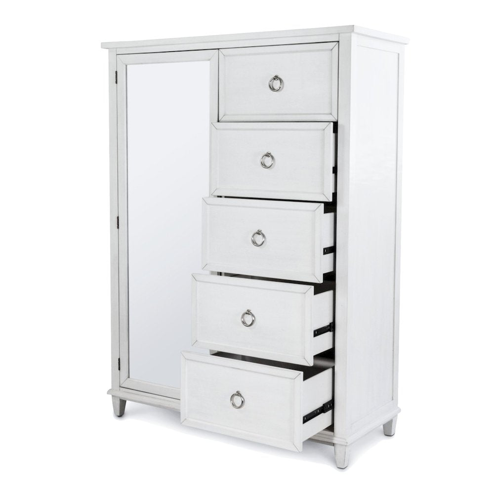 Point Breeze Mirrored Door Chest Fresh White Finish with Soft Grey Glaze