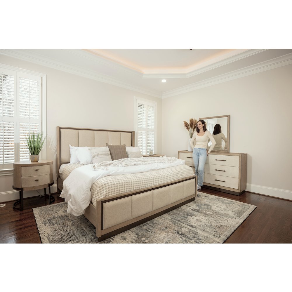 Rio Vista Upholsteredolstered King Bed. Muted Earth Tones and Clay Finish