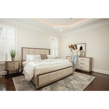 Rio Vista Upholsteredolstered King Bed. Muted Earth Tones and Clay Finish