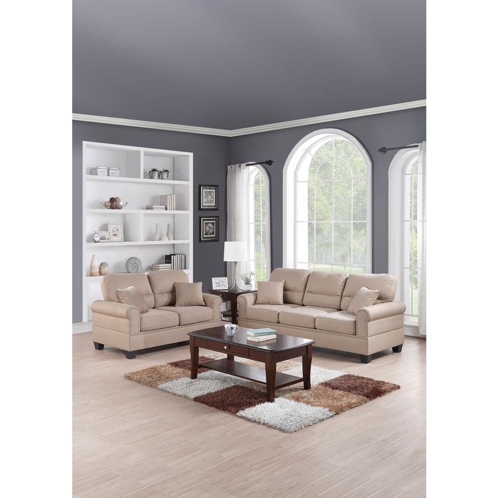Poundex 2 Piece Sofa and Loveseat Set in Sand Tan Fabric, Sofa 79" W x 33" D x 35" H, Loveseat 58" W x 33" D x 35" H , Package Weight 84