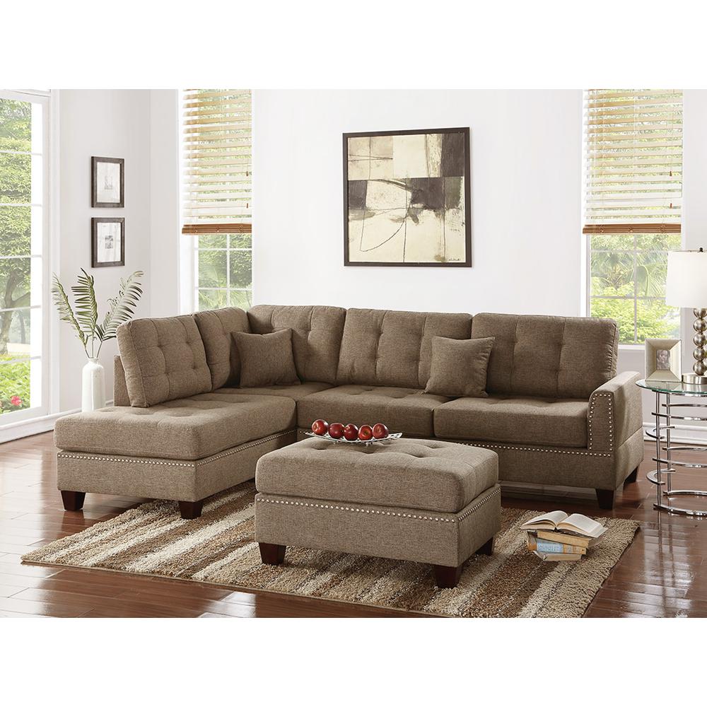 Poundex 3 Piece Fabric Sectional Set with Ottoman in Coffee, 104" W x 75" D x 35" H, Package Weight 97