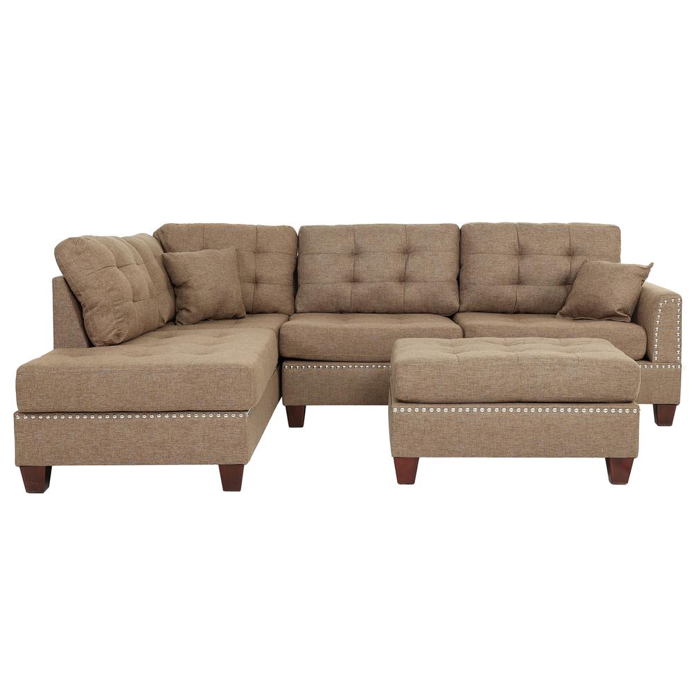 Poundex 3 Piece Fabric Sectional Set with Ottoman in Coffee, 104" W x 75" D x 35" H, Package Weight 97