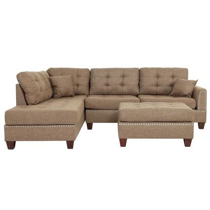Poundex 3 Piece Fabric Sectional Set with Ottoman in Coffee, 104" W x 75" D x 35" H, Package Weight 97