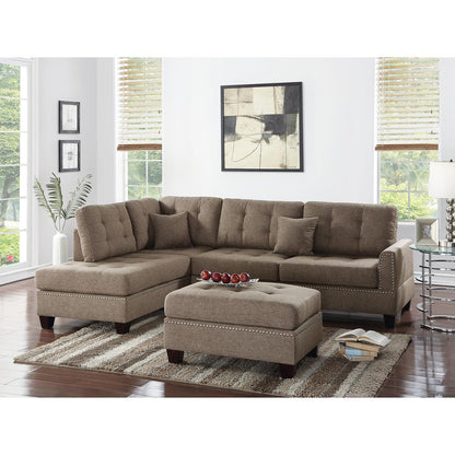 Poundex 3 Piece Fabric Sectional Set with Ottoman in Coffee, 104" W x 75" D x 35" H, Package Weight 97
