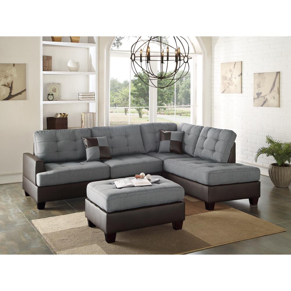 Poundex 3 Piece Fabric Sectional Set with Ottoman in Gray Color, 104" W x 75" D x 35" H, Package Weight 96