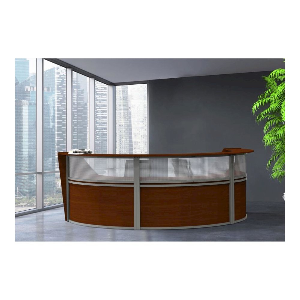 Linea Italia 3-Unit Curved Reception Desk - 11.9 ft x 71" x 46" - Material: Thermofused Laminate (TFL) - Finish: Cherry, Clear