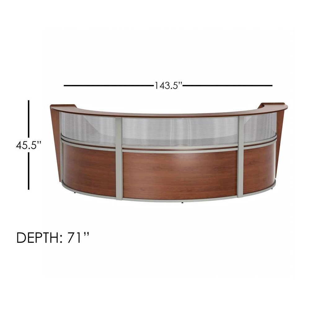 Linea Italia 3-Unit Curved Reception Desk - 11.9 ft x 71" x 46" - Material: Thermofused Laminate (TFL) - Finish: Cherry, Clear