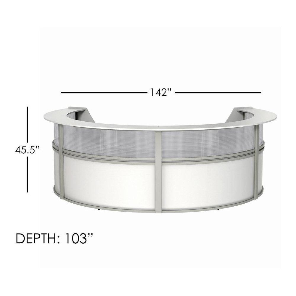 Linea Italia 4-Unit Curved Reception Desk - 11.8 ft x 107" x 46" - Material: Thermofused Laminate (TFL) - Finish: White, Clear