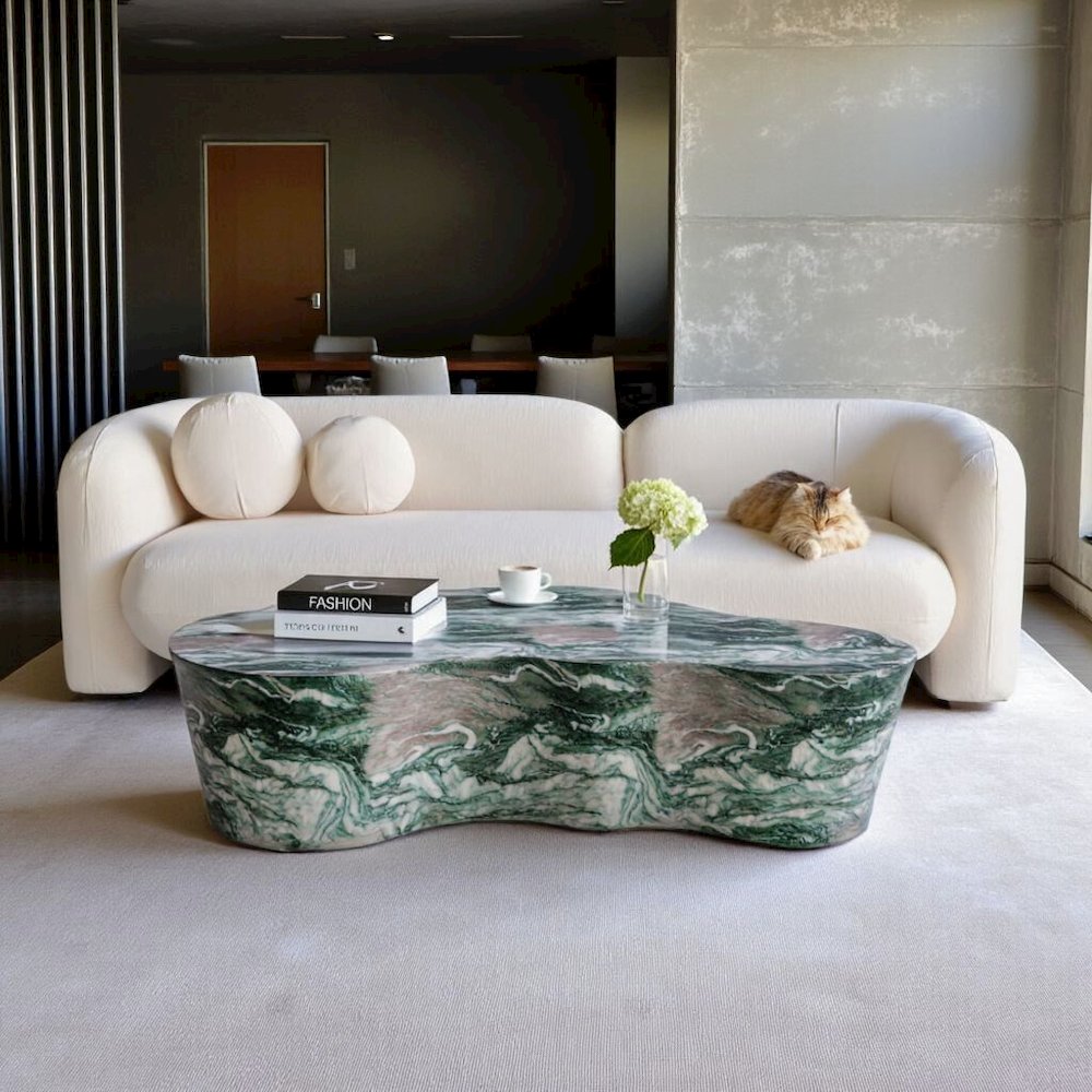Modern Gray Stone Coffee Table with Marble Veneer Concrete Finish