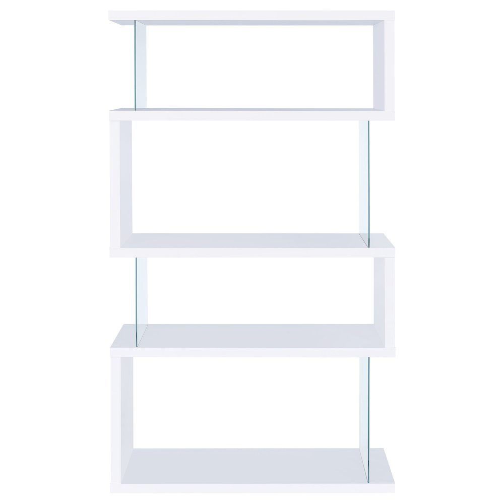 4-Tier White and Clear Modern Bookshelf with Glass Shelves and Storage