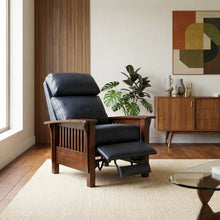 Dark Blue Leather Reclining Chair with Wood Arms and Manual Recliner