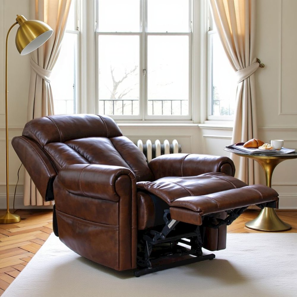 Brown Leather Recliner with Power Headrest, Lumbar, and Lift Assist
