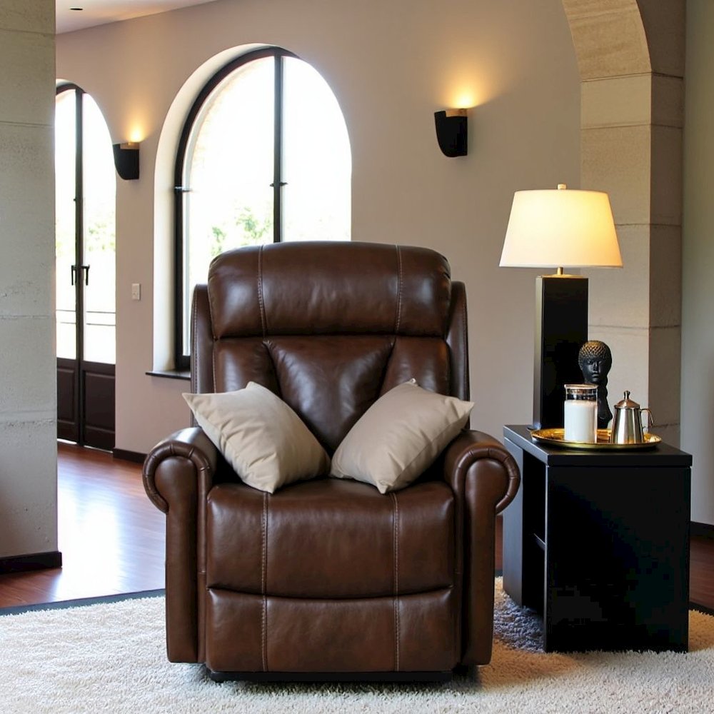 Brown Leather Recliner with Power Headrest, Lumbar, and Lift Assist