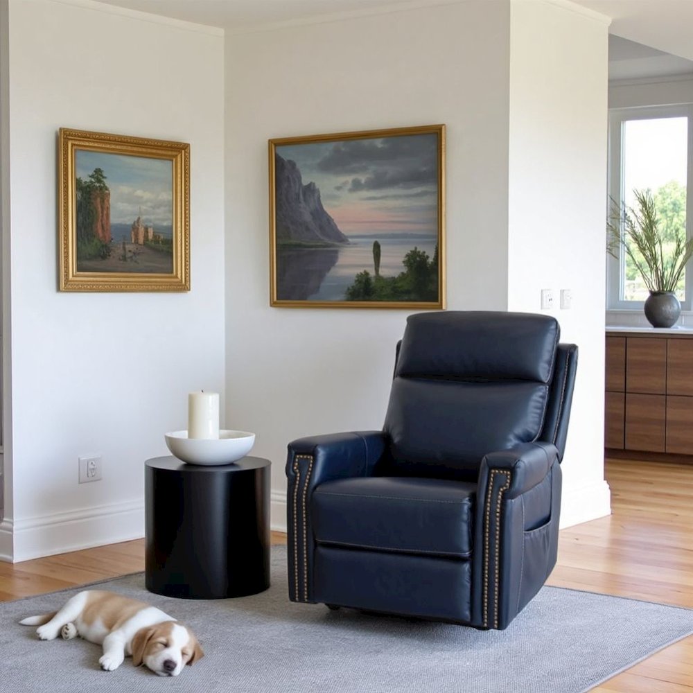 Blue Leather Recliner Chair with Lift, Heat, Power Headrest, and USB