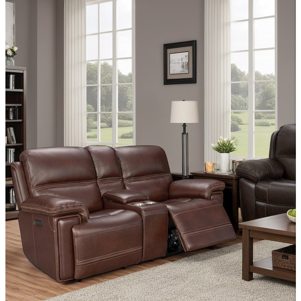 Brown Leather Power Reclining Console Loveseat with Power Headrests and Comfort