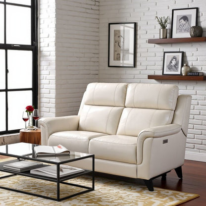 Beige Leather Power Reclining Loveseat with USB Ports and Headrests