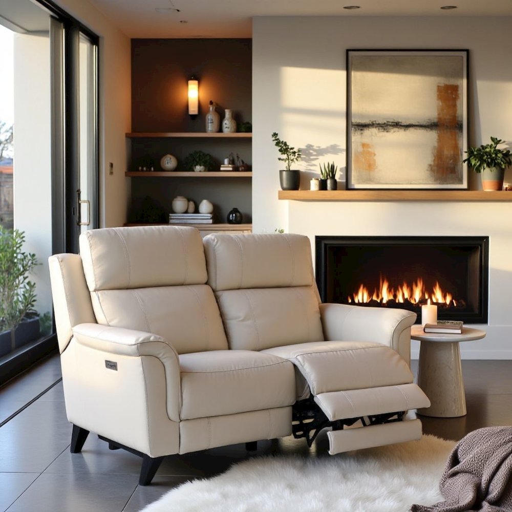 Beige Leather Power Reclining Loveseat with USB Ports and Headrests