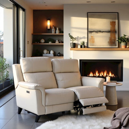 Beige Leather Power Reclining Loveseat with USB Ports and Headrests