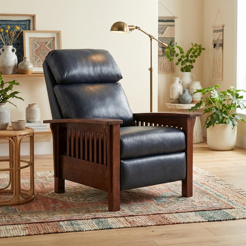 Dark Blue Leather Reclining Chair with Wood Arms and Manual Recliner