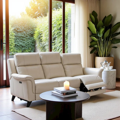 Beige Leather Recliner Sofa with Power Headrests and USB Charging Ports