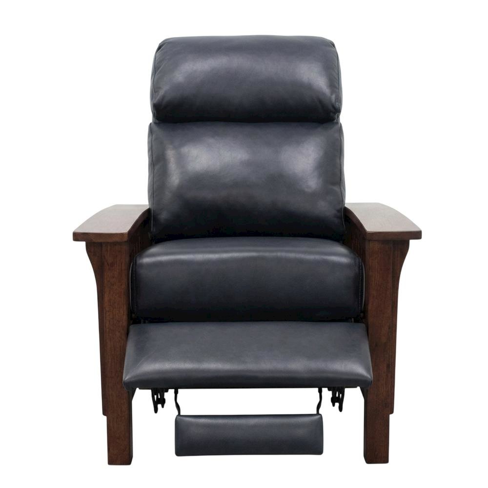 Dark Blue Leather Reclining Chair with Wood Arms and Manual Recliner