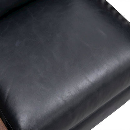 Dark Blue Leather Reclining Chair with Wood Arms and Manual Recliner