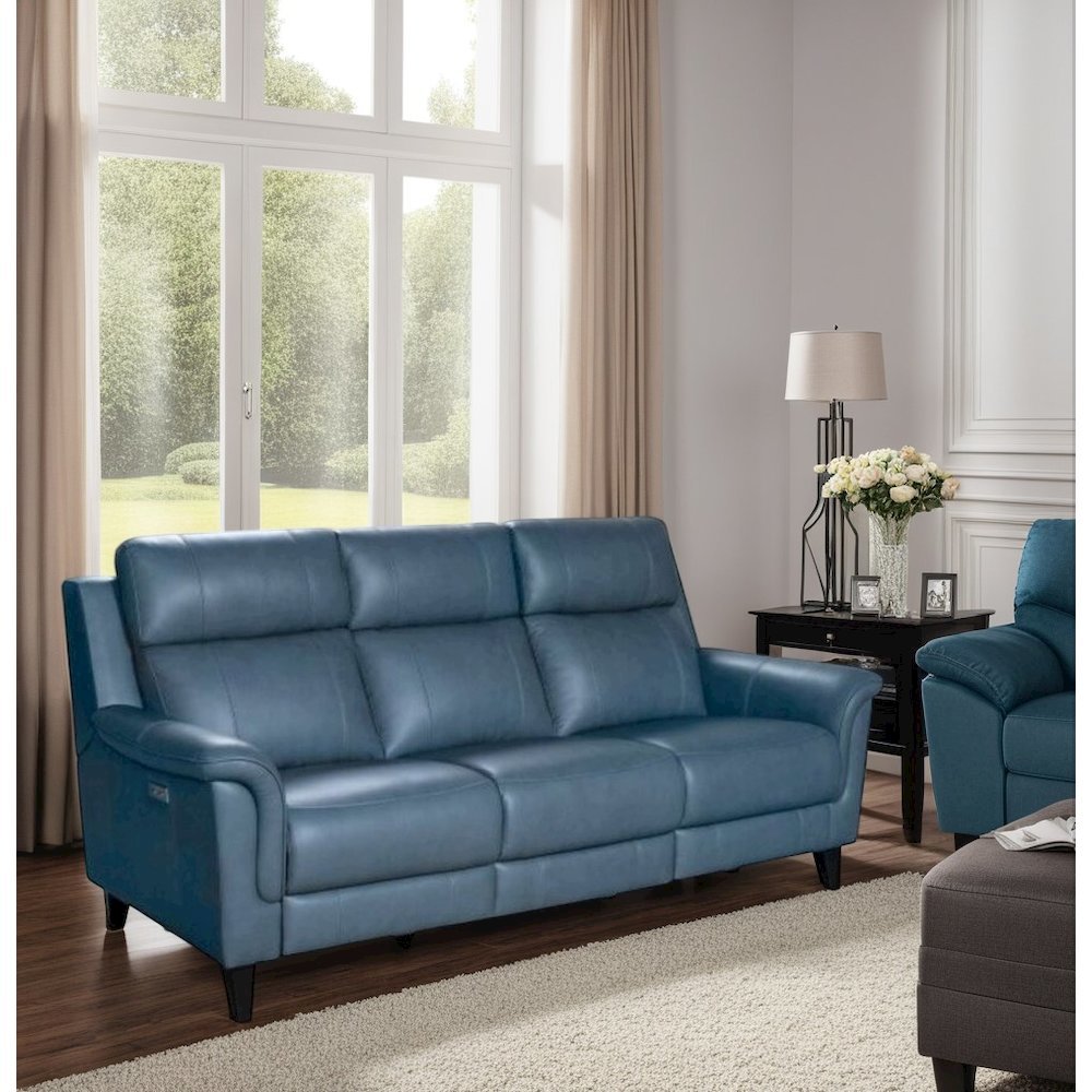 Blue Leather Power Reclining Sofa with Power Headrests and Hardwood Frame