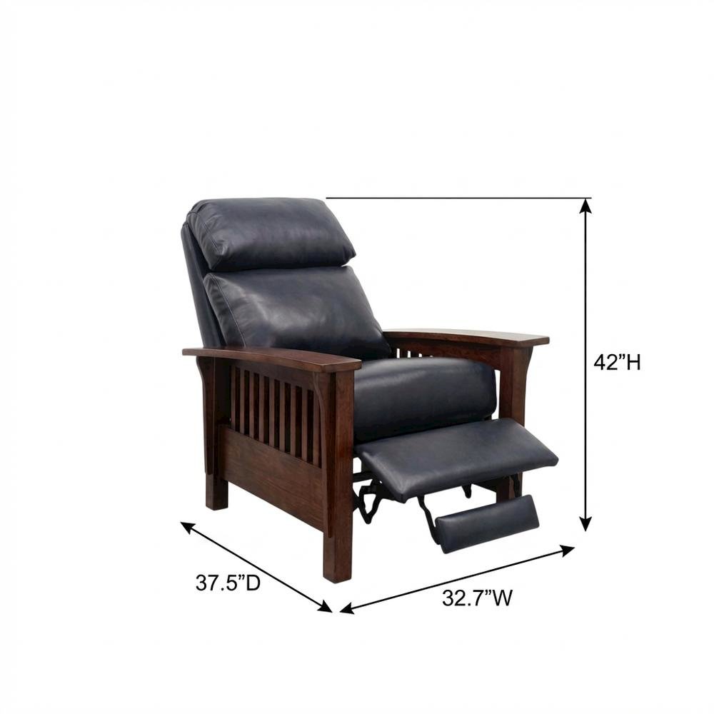 Dark Blue Leather Reclining Chair with Wood Arms and Manual Recliner