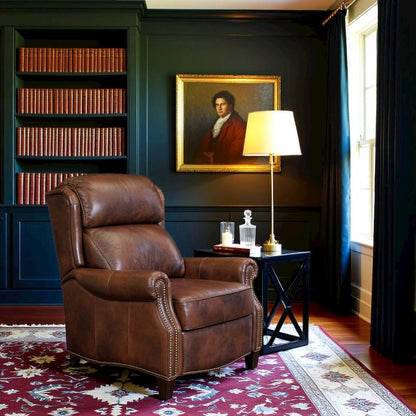 Brown Leather Reclining Chair with Push-Thru Arms and Footrest
