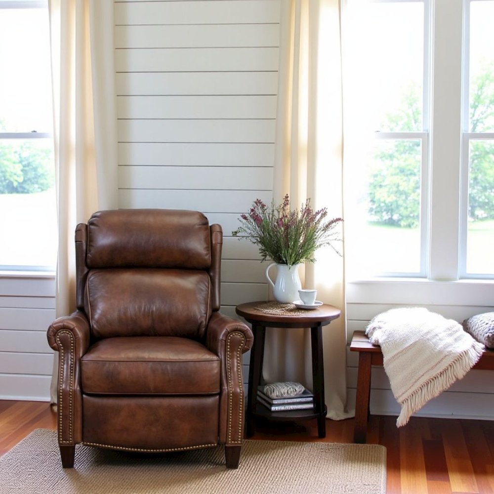 Brown Leather Reclining Chair with Push-Thru Arms and Footrest