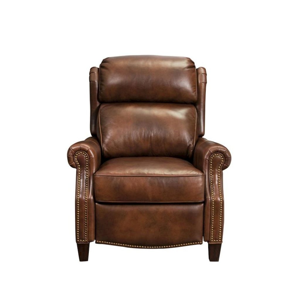 Brown Leather Reclining Chair with Push-Thru Arms and Footrest