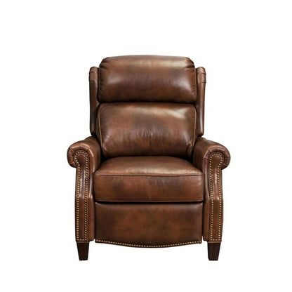 Brown Leather Reclining Chair with Push-Thru Arms and Footrest
