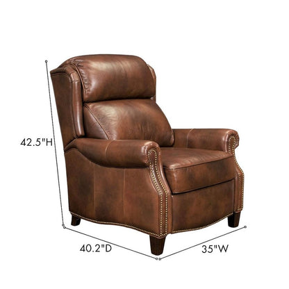 Brown Leather Reclining Chair with Push-Thru Arms and Footrest
