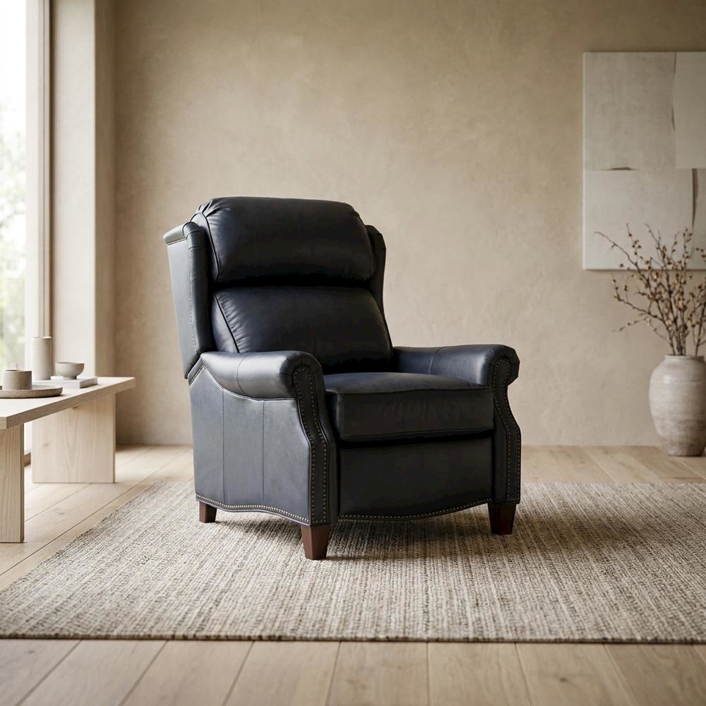 Meade Leather Manual Recliner Chair with Wall-Proximity Design, Shoreham Blue