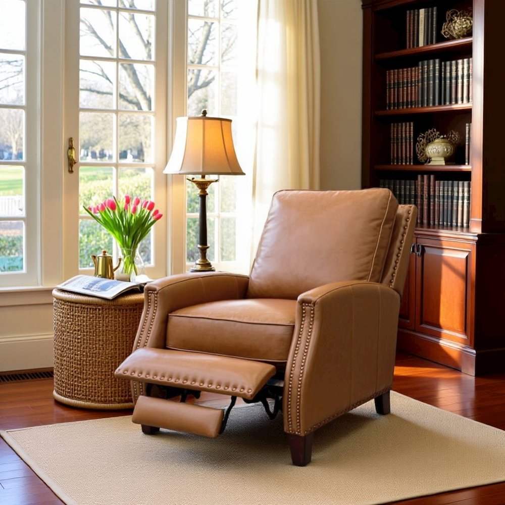 Brown Leather Recliner Chair with Hardwood Frame and Footrest