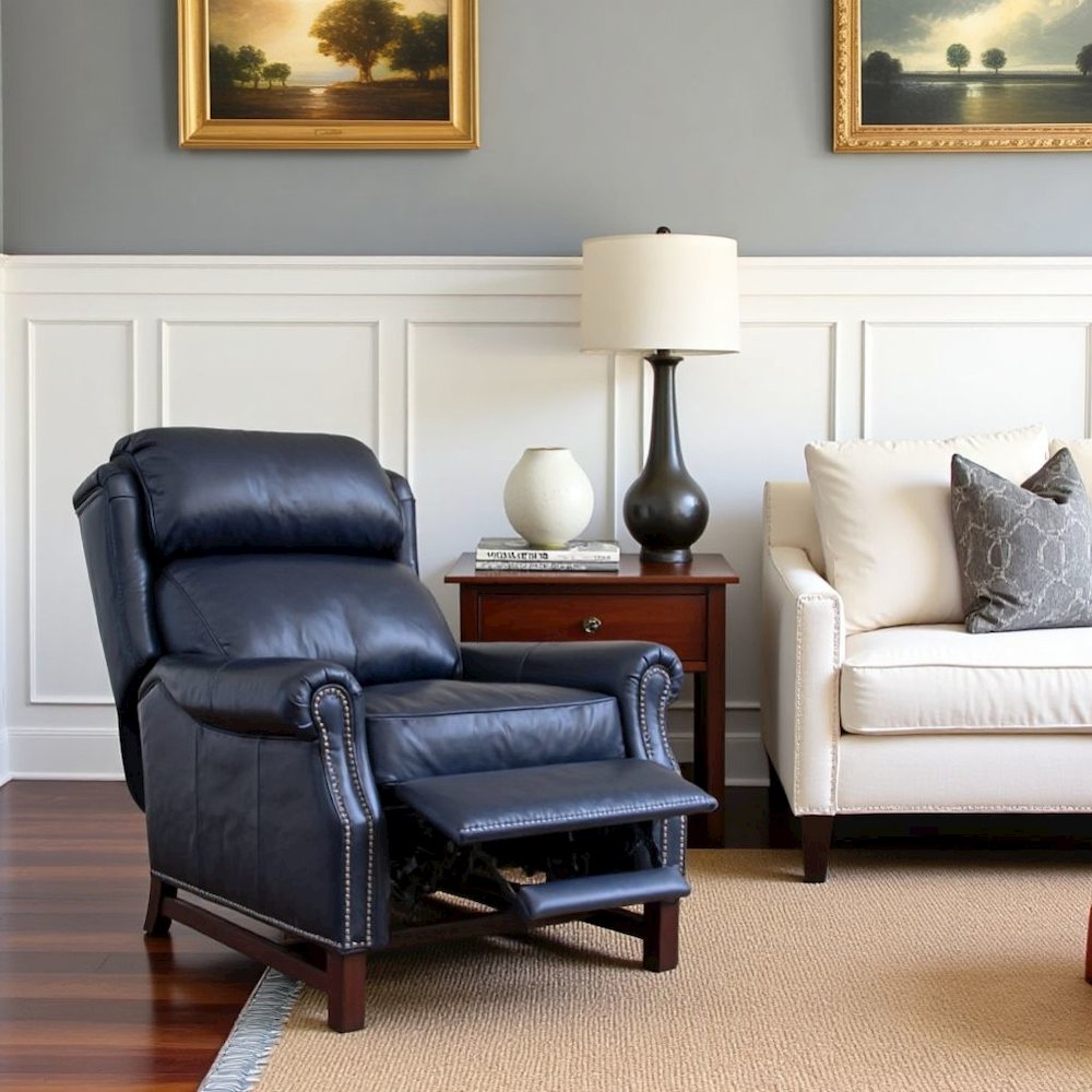 Blue Leather Recliner Chair with Push-Thru Arms and Footrest Support