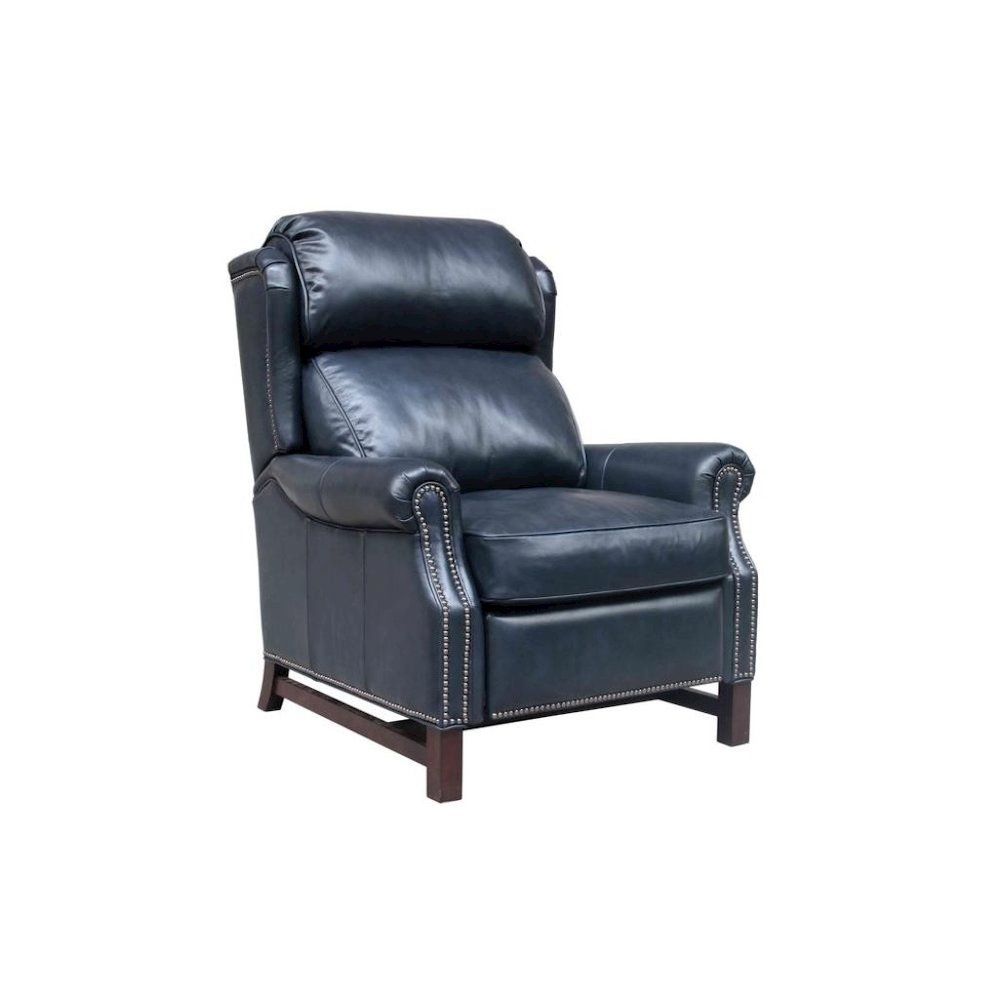 Blue Leather Recliner Chair with Push-Thru Arms and Footrest Support