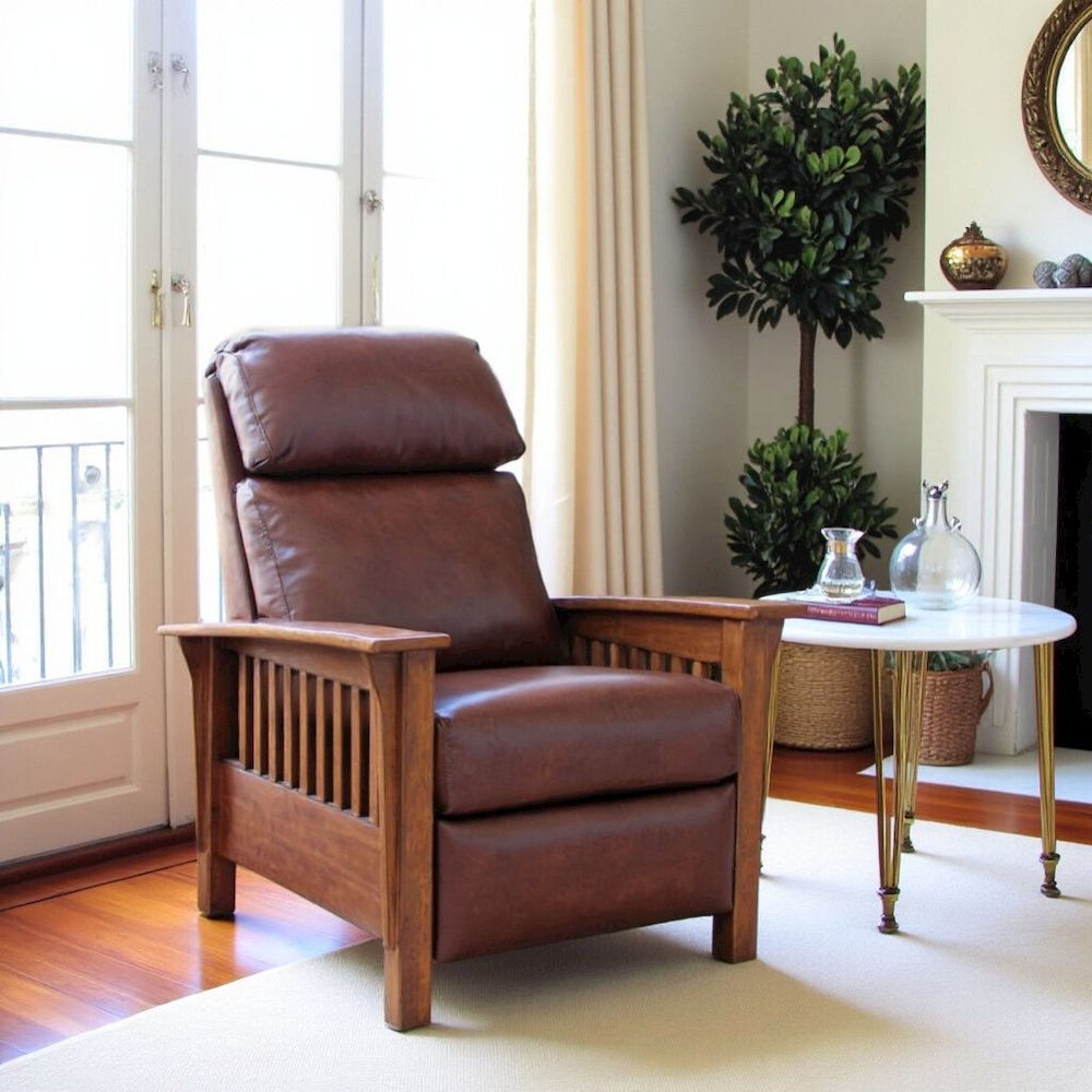 Brown Leather Reclining Chair with Mahogany Arms and Manual Recliner