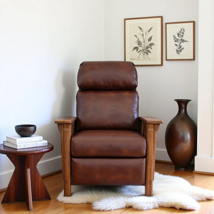 Brown Leather Reclining Chair with Mahogany Arms and Manual Recliner