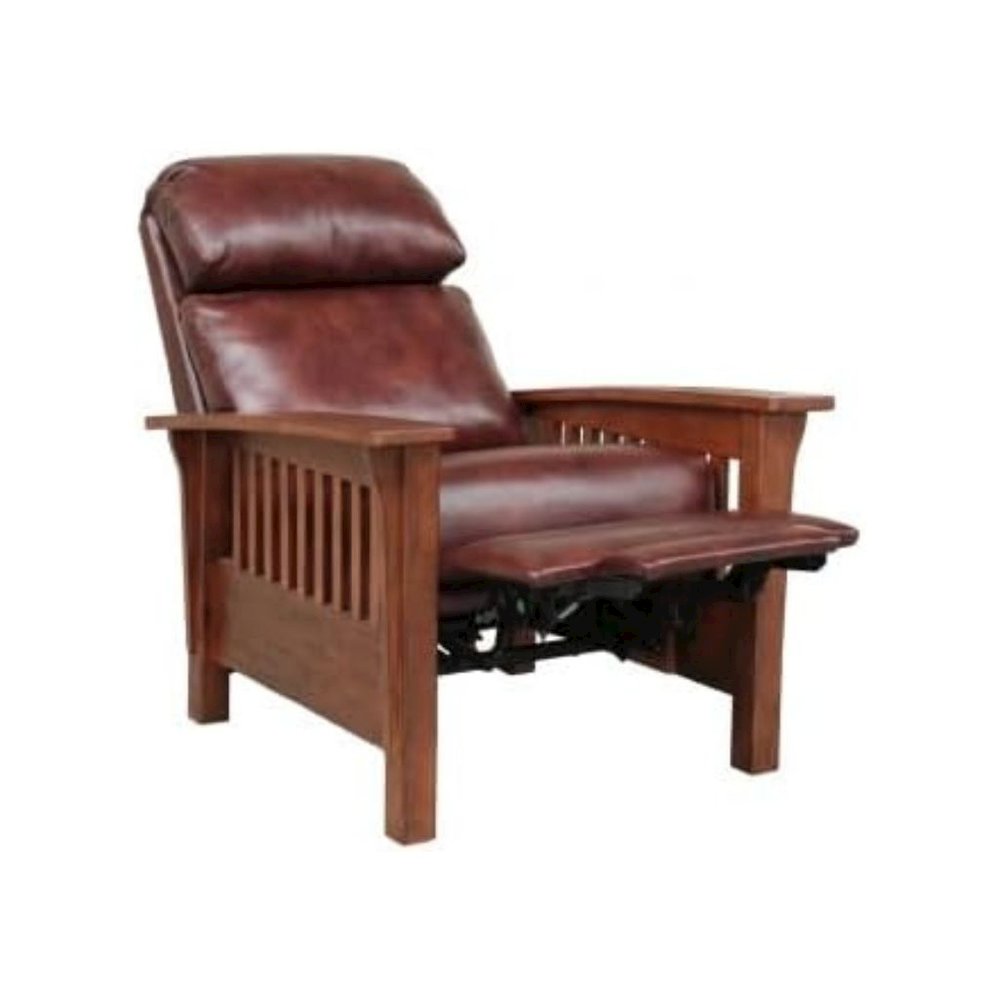 Brown Leather Reclining Chair with Mahogany Arms and Manual Recliner