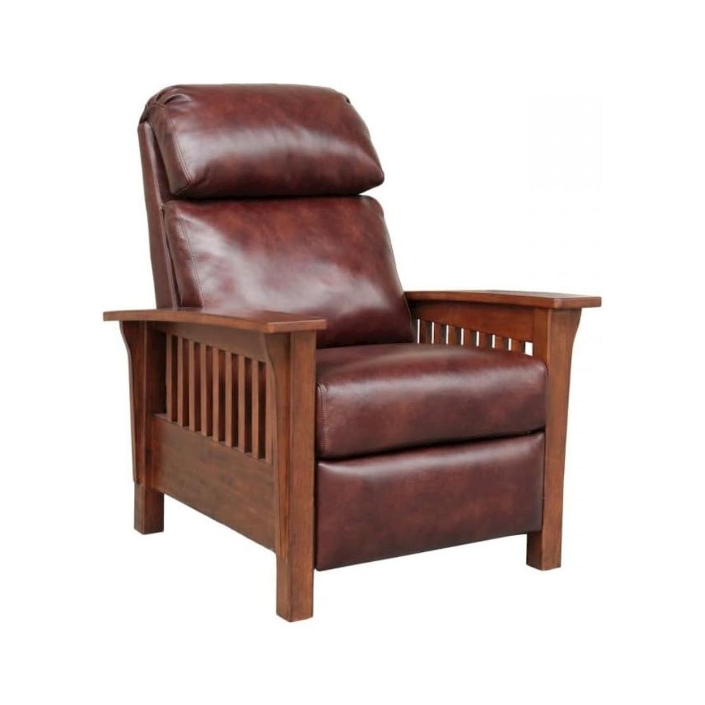 Brown Leather Reclining Chair with Mahogany Arms and Manual Recliner
