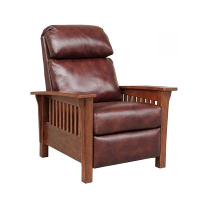 Brown Leather Reclining Chair with Mahogany Arms and Manual Recliner