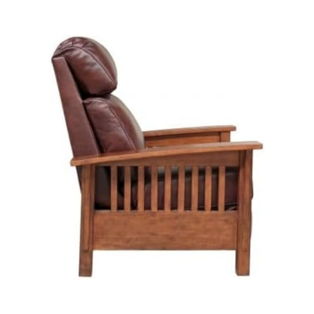 Brown Leather Reclining Chair with Mahogany Arms and Manual Recliner
