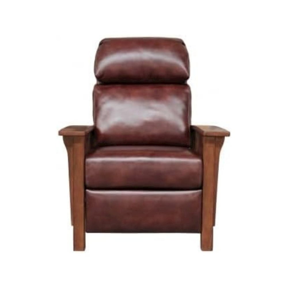 Brown Leather Reclining Chair with Mahogany Arms and Manual Recliner