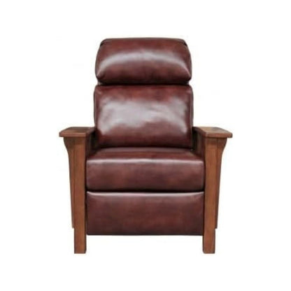 Brown Leather Reclining Chair with Mahogany Arms and Manual Recliner