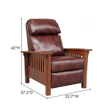 Brown Leather Reclining Chair with Mahogany Arms and Manual Recliner