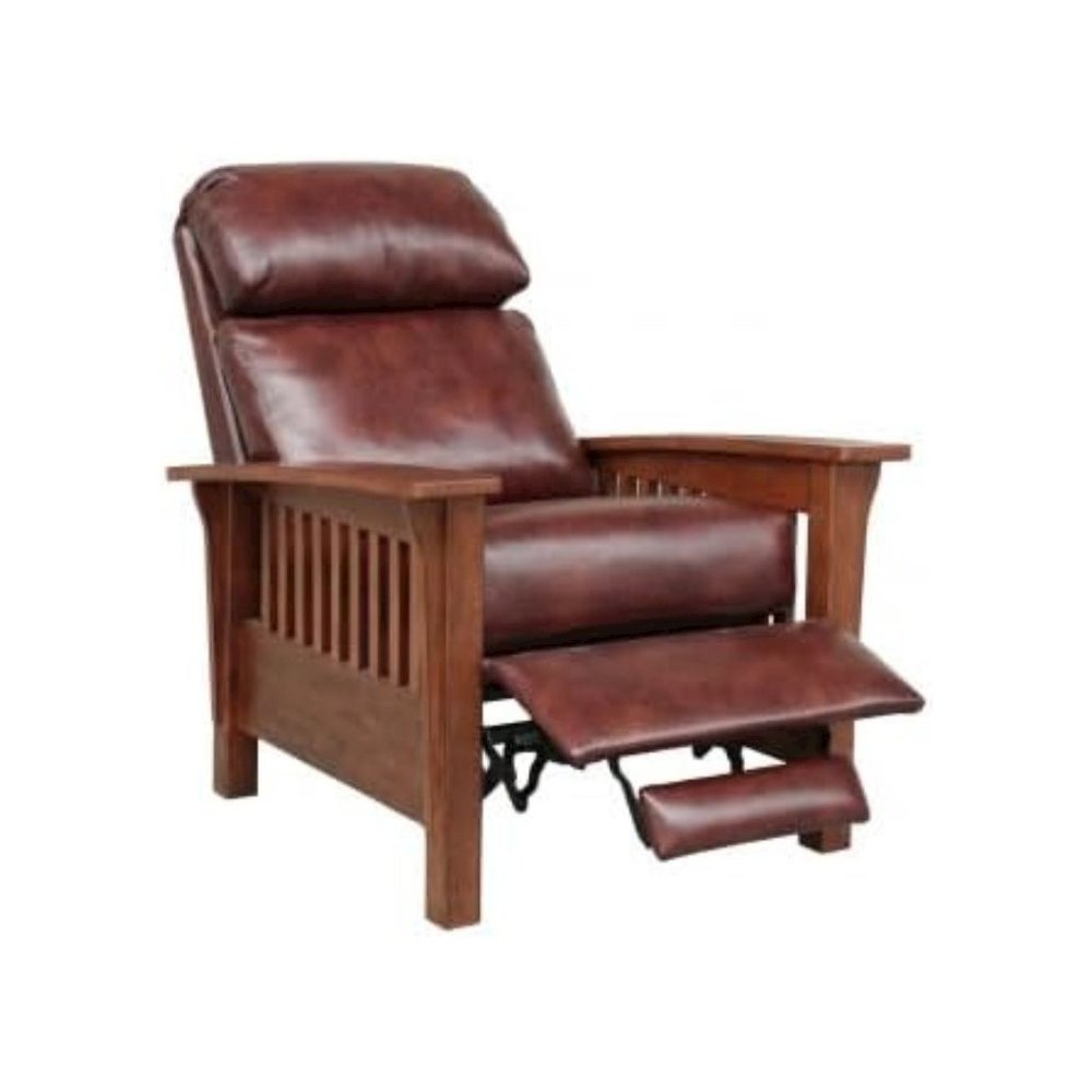 Brown Leather Reclining Chair with Mahogany Arms and Manual Recliner