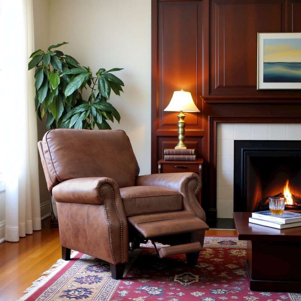 Brown Leather Mid Century Recliner Chair with Footrest Extension